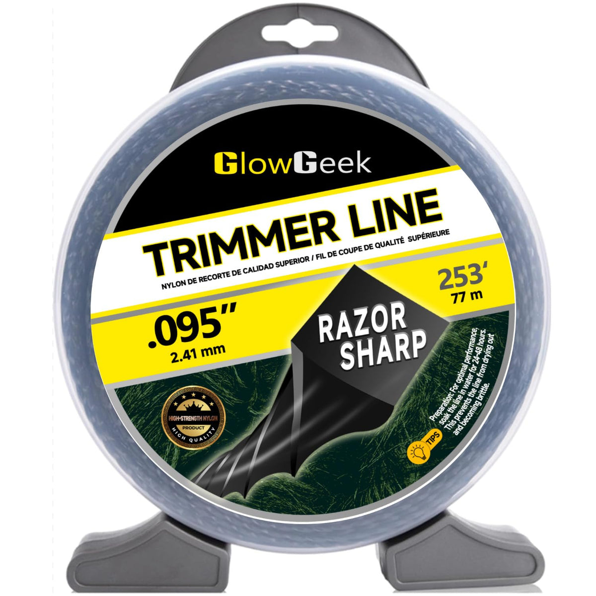 GlowGeek twisted .095 trimmer line close-up with sharpened edges for efficient cutting.