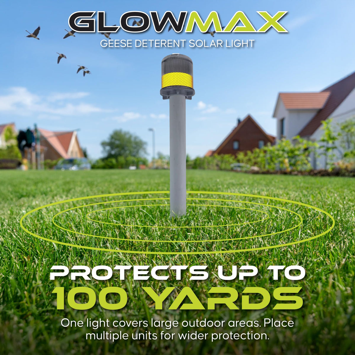 GLOWMAX solar flashing light displays 360-degree coverage for birds at dusk