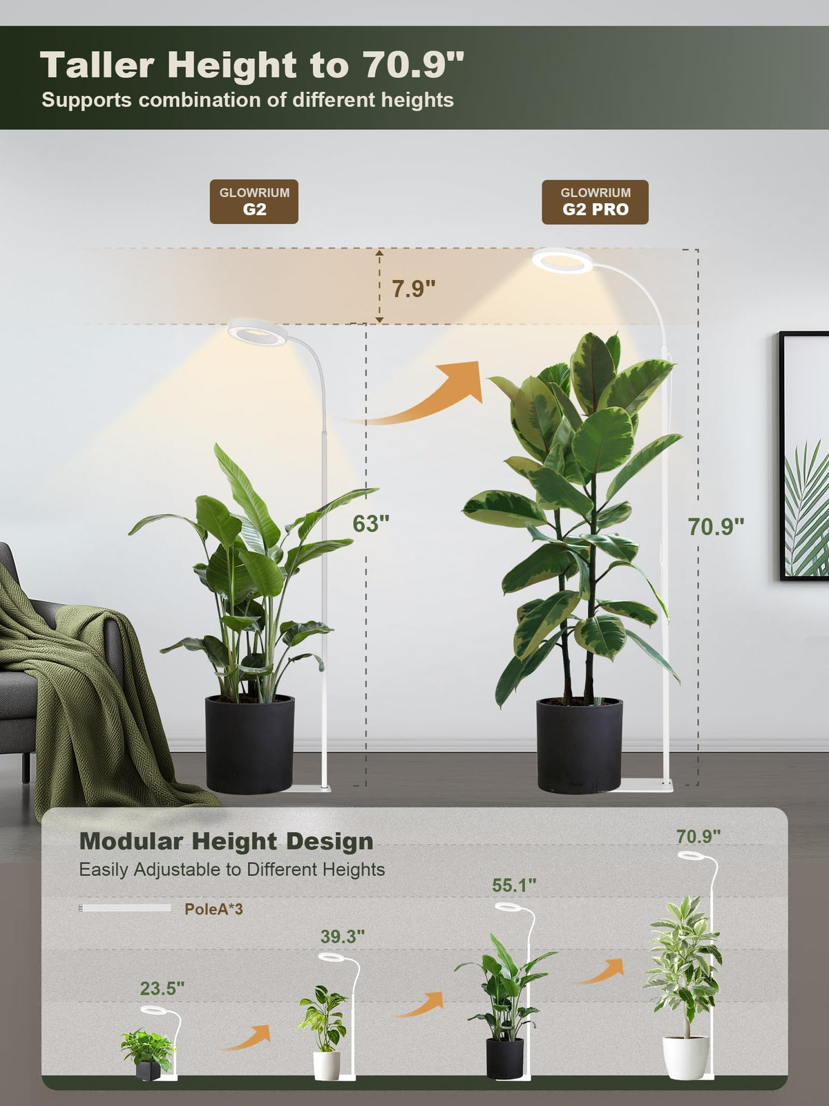 GLOWRIUM 24W grow light with 360° gooseneck heads for precise lighting on large plants.