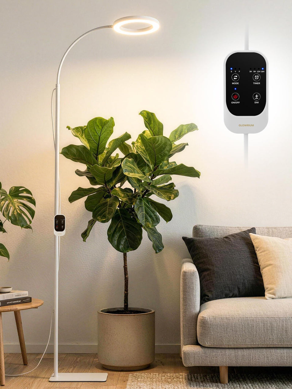GLOWRIUM 24W grow light on a tall floor stand providing wide indoor plant coverage.