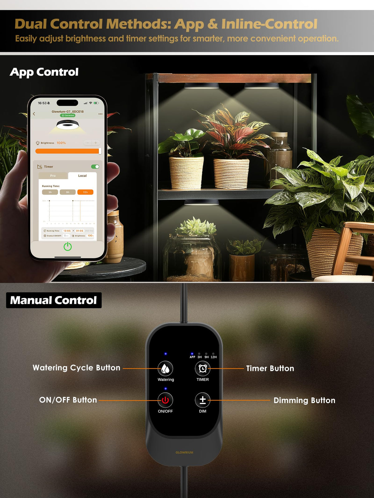 Glowrium G7 smart app interface for control and reminders.