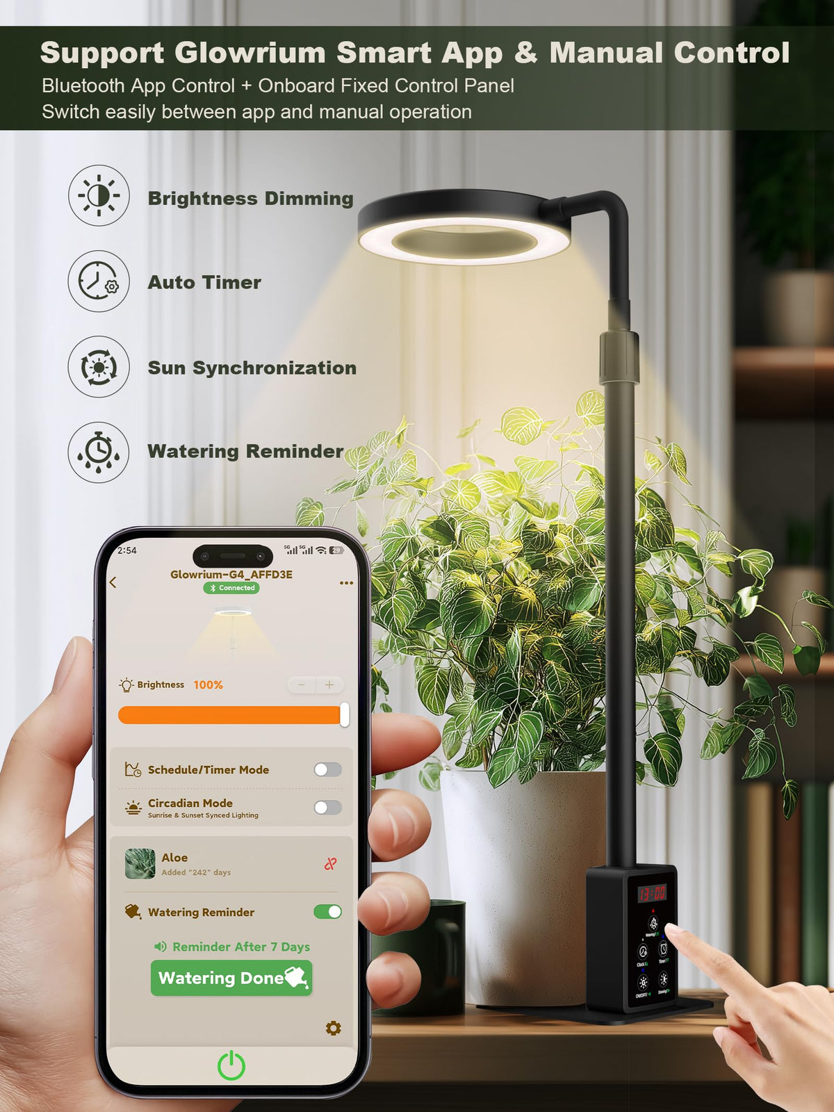 Glowrium gooseneck grow light enabling flexible positioning on houseplants