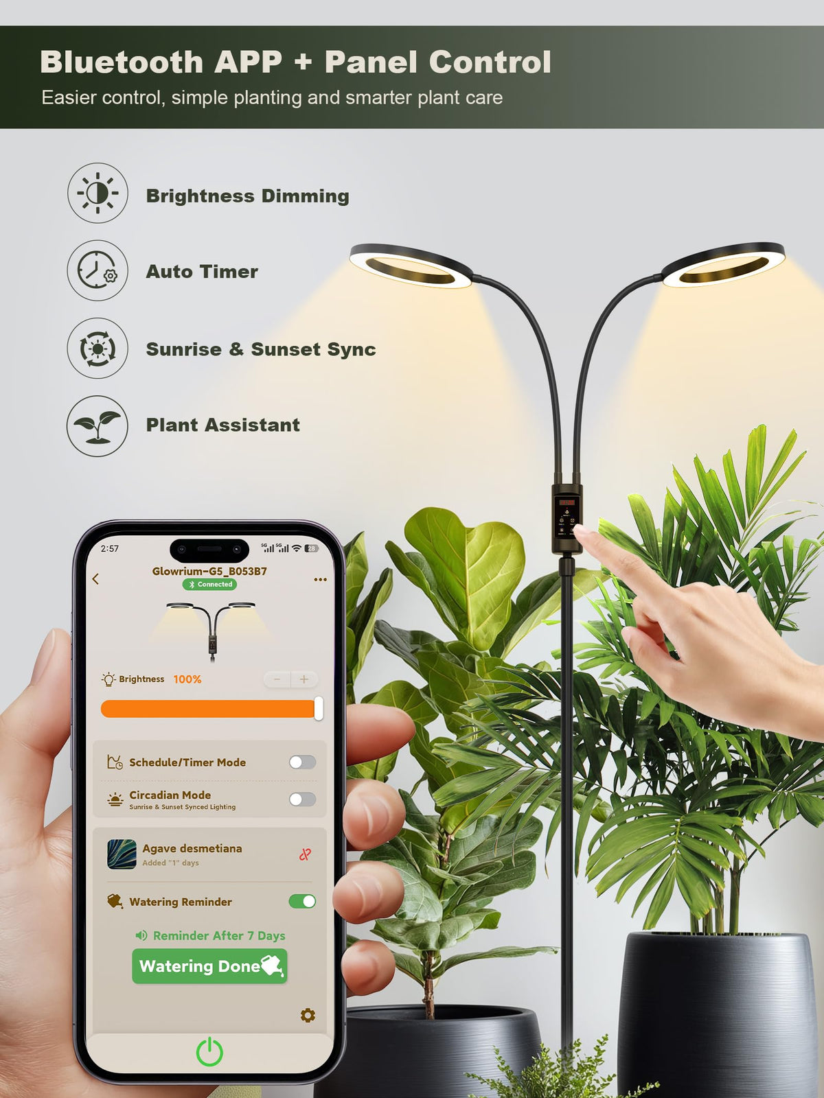 GLOWRIUM app-controlled grow light using Bluetooth for easy setup.