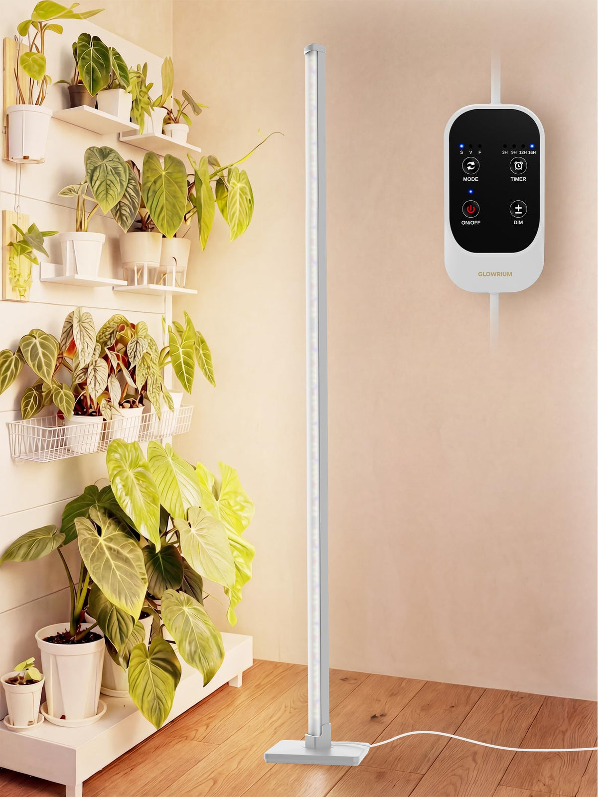 GLOWRIUM vertical grow light with side LEDs delivering even indoor coverage.