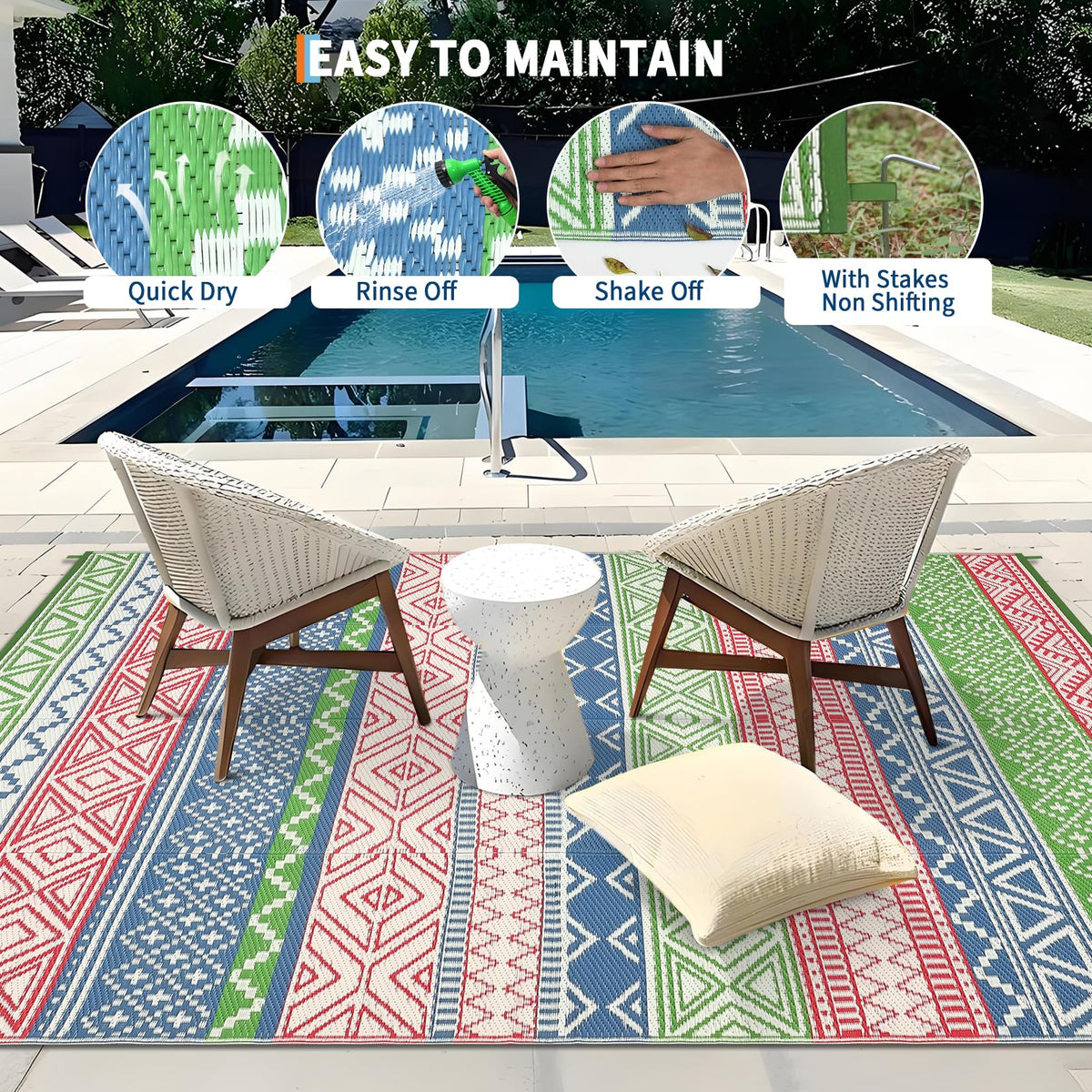 GlowSol easy-clean rug can be rinsed or wiped after spills.
