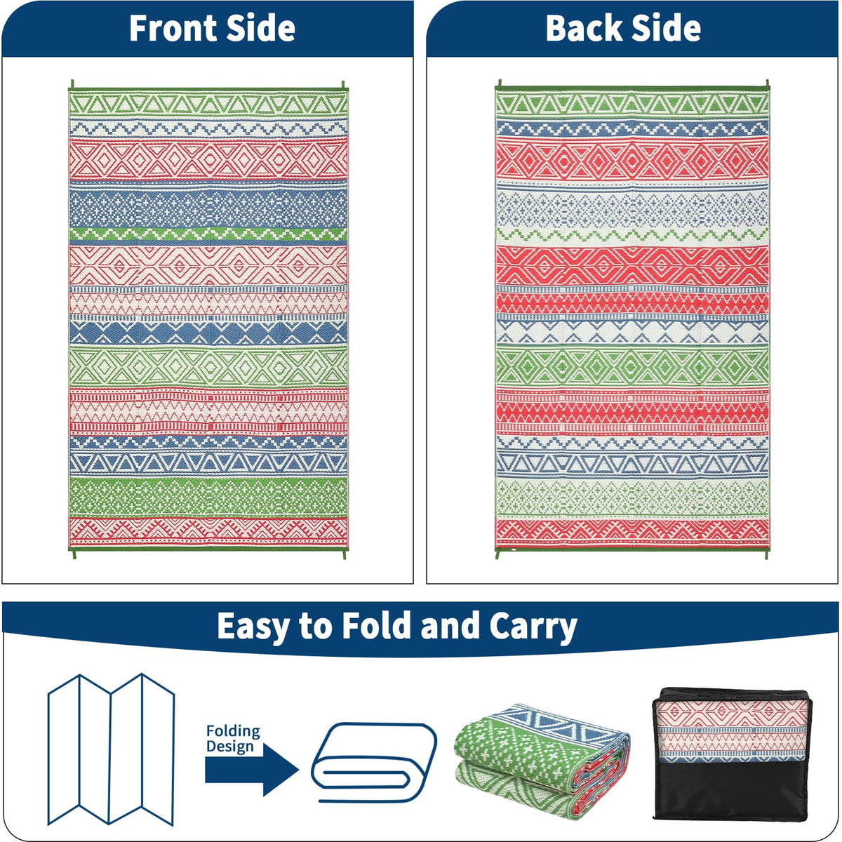 GlowSol 8x10 rug shows stakes and carry bag setup for travel.