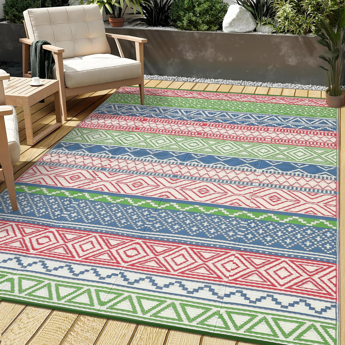 GlowSol outdoor rug stake system keeps the mat secure on windy decks.