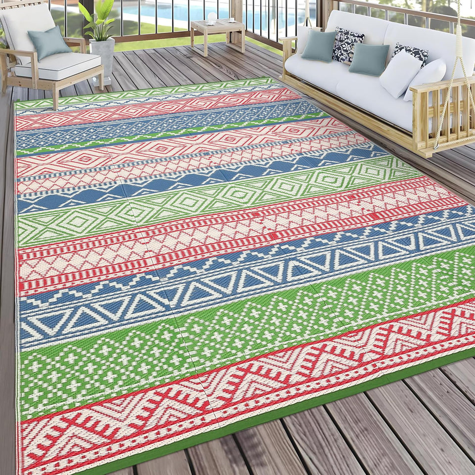 GlowSol waterproof outdoor rug 6x9 with carry bag for easy transport.