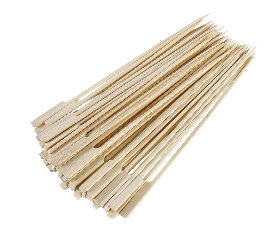 Gmark bamboo paddle skewers, 10-inch length, ready for even grilling and secure food holding.