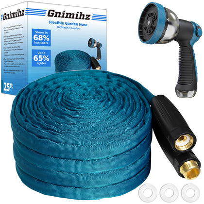 Gnimihz garden hose 25ft coiled for compact storage and easy transport.