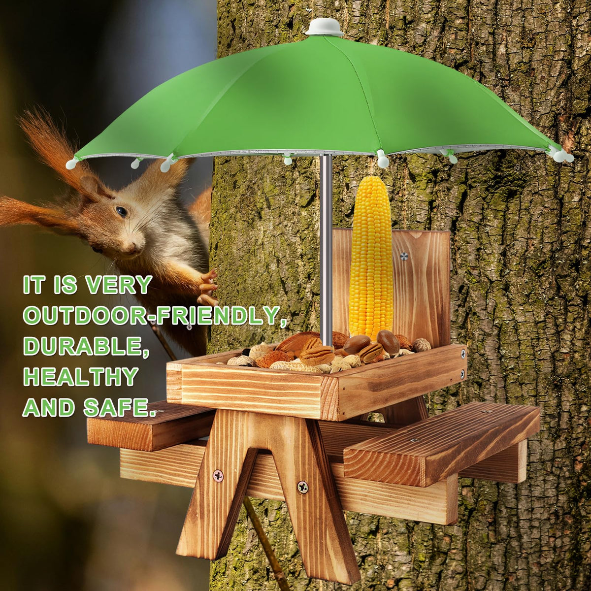 Gnodry Squirrel Feeder includes area for peanuts and treats outdoors