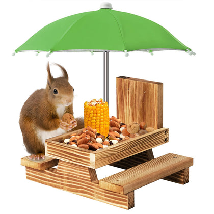 Gnodry Squirrel Feeder with Umbrella provides weather shelter for outdoor feeding.