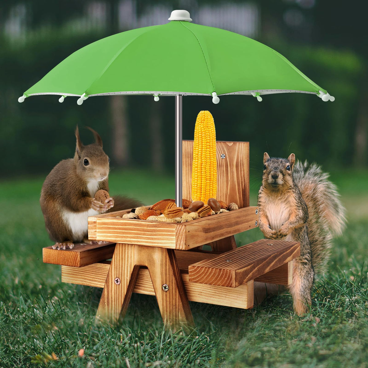 Gnodry Squirrel Feeder with green umbrella attracts wildlife outdoors and adds color