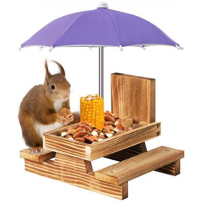 Gnodry Squirrel Feeder with purple umbrella offers shelter and inviting dining for backyard visitors.