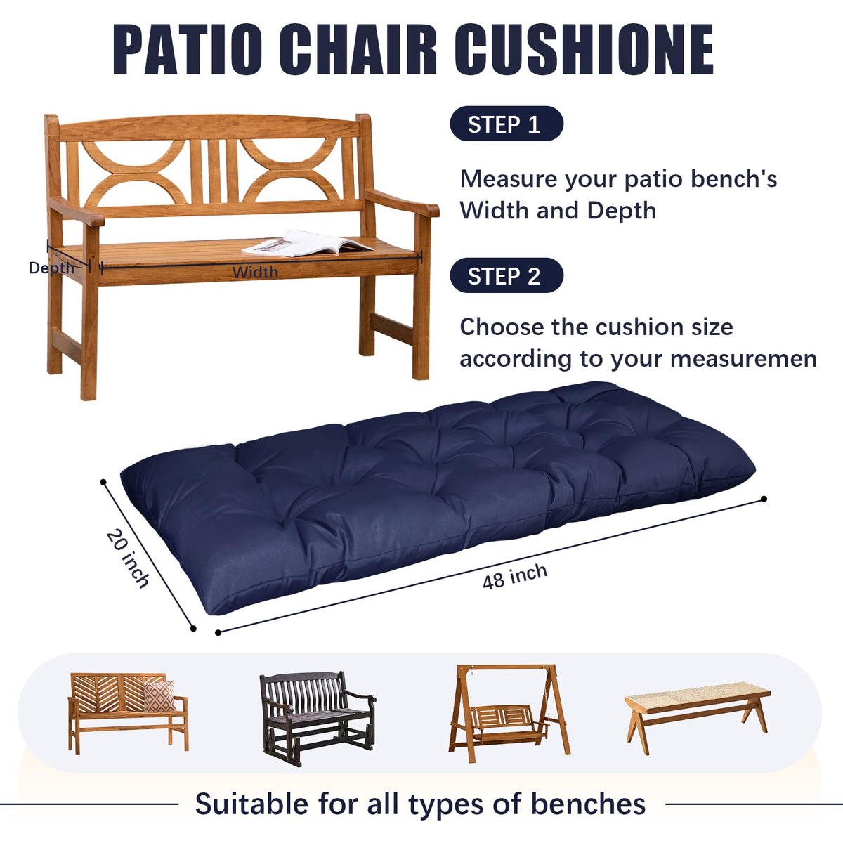 Gnostik cushion in use on patio bench, swing, and loveseat for versatile fit