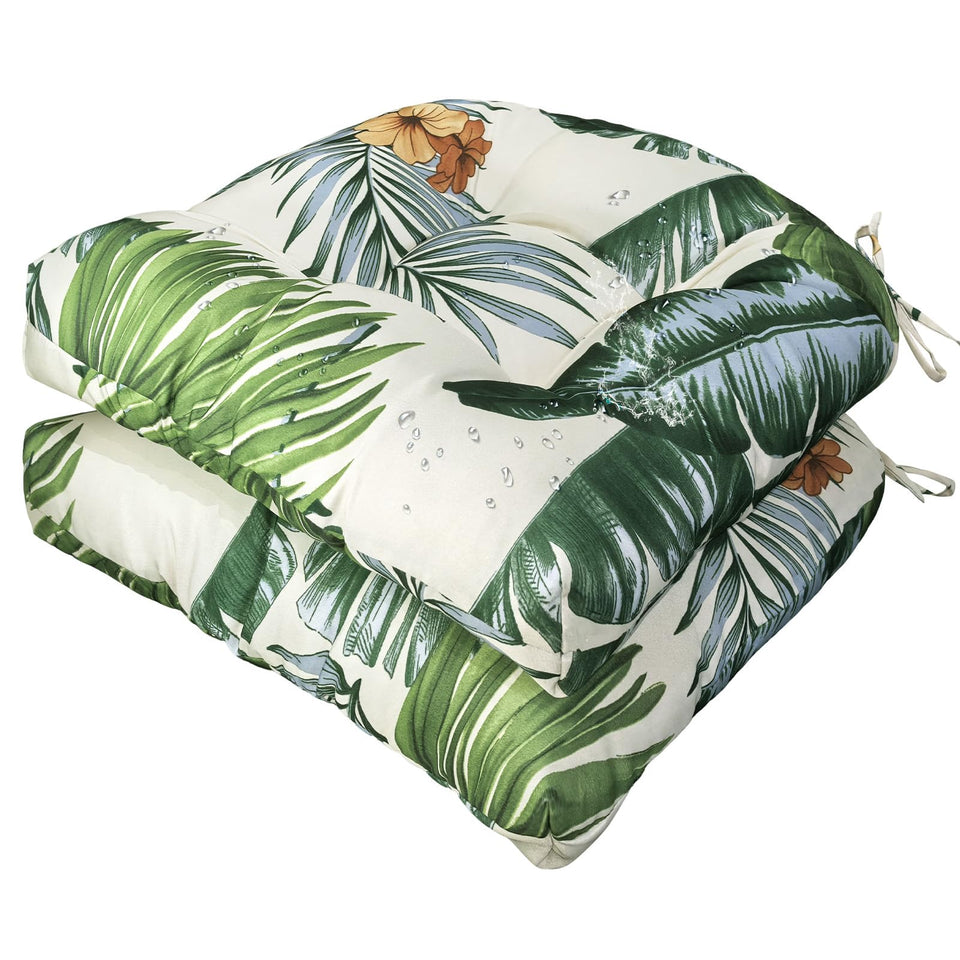 Gnostik outdoor chair cushion with floral Hawaiian print for sunlit patios and light rain.