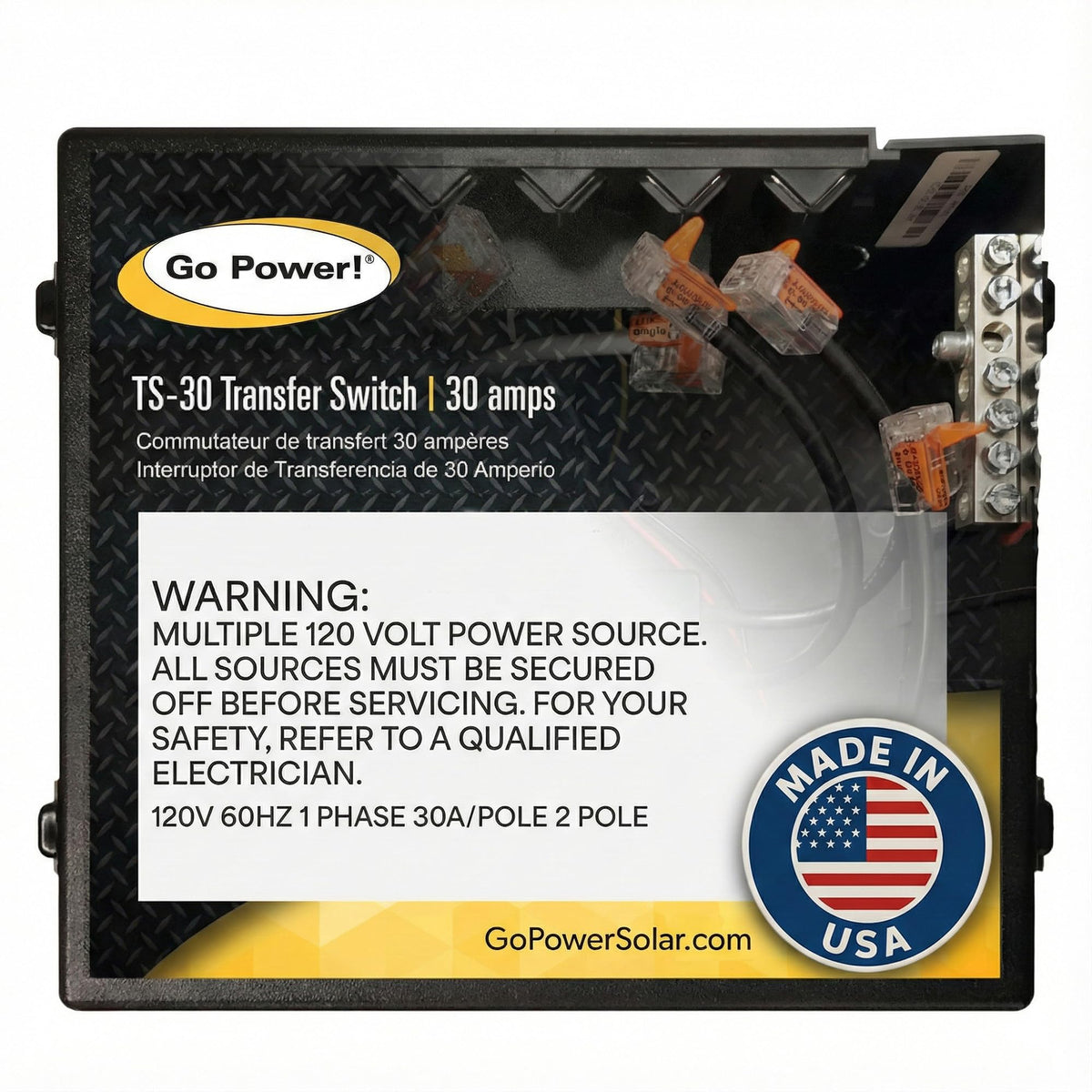 Go Power TS-30 transfer switch front view enabling dual-source control for RVs and boats.