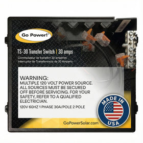 Go Power TS-30 transfer switch front view enabling dual-source control for RVs and boats.