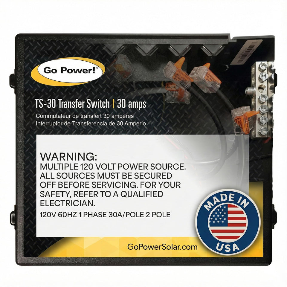 Go Power TS-30 transfer switch front view enabling dual-source control for RVs and boats.