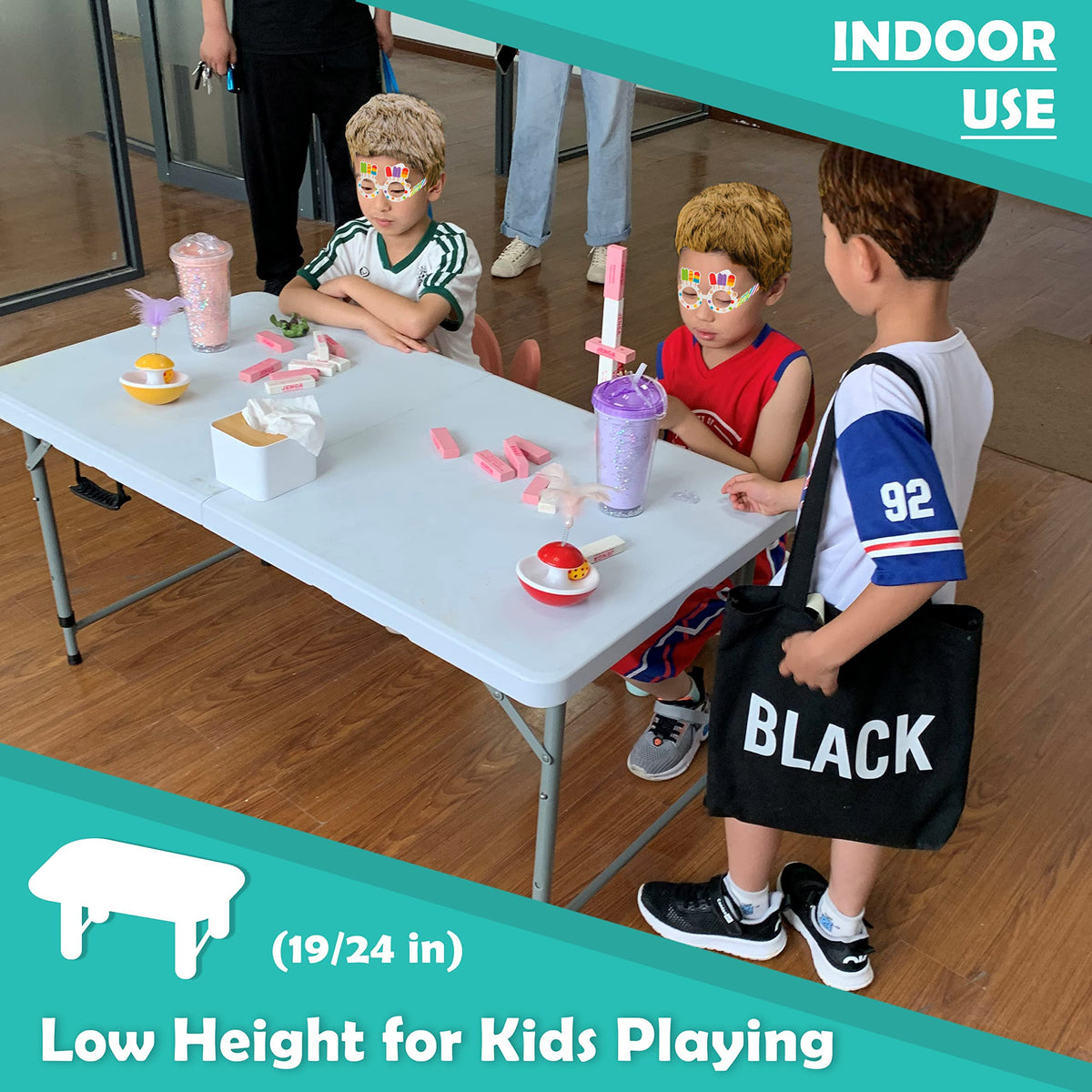 Go-Trio folding table adjustable height mechanism shown for easy setup
