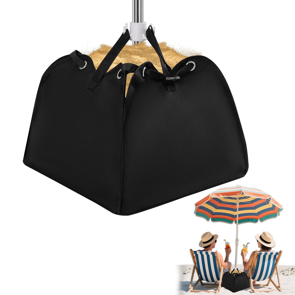 GOCOHHI Beach Umbrella Base Weight Bag fits 1.1 to 1.49 in poles for wobble-free stability.
