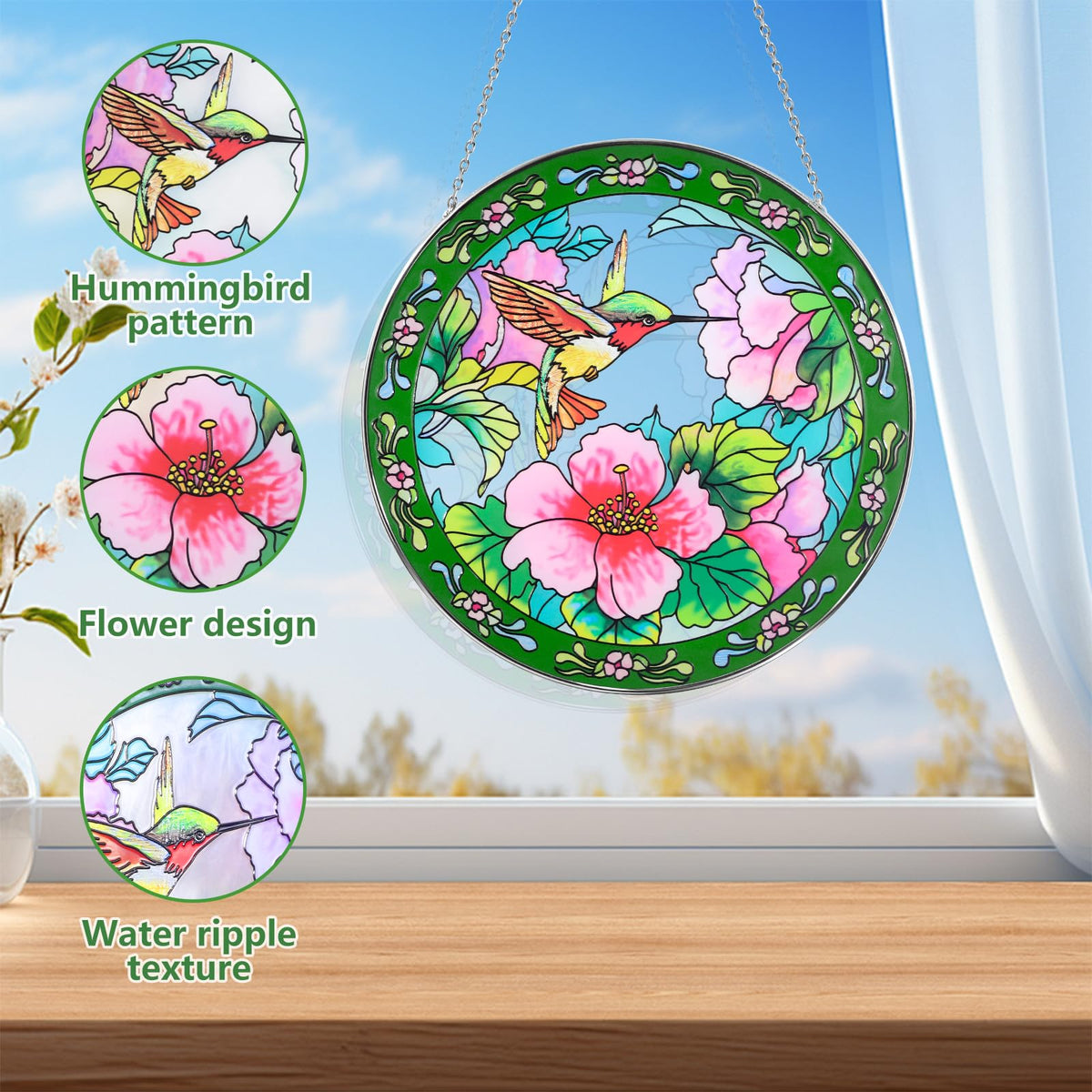 Godferyxin hummingbird stained glass window decor for garden or balcony.