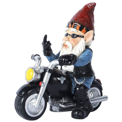 Gofidin resin dwarf statue on a motorcycle adds playful curb appeal to your outdoor space.
