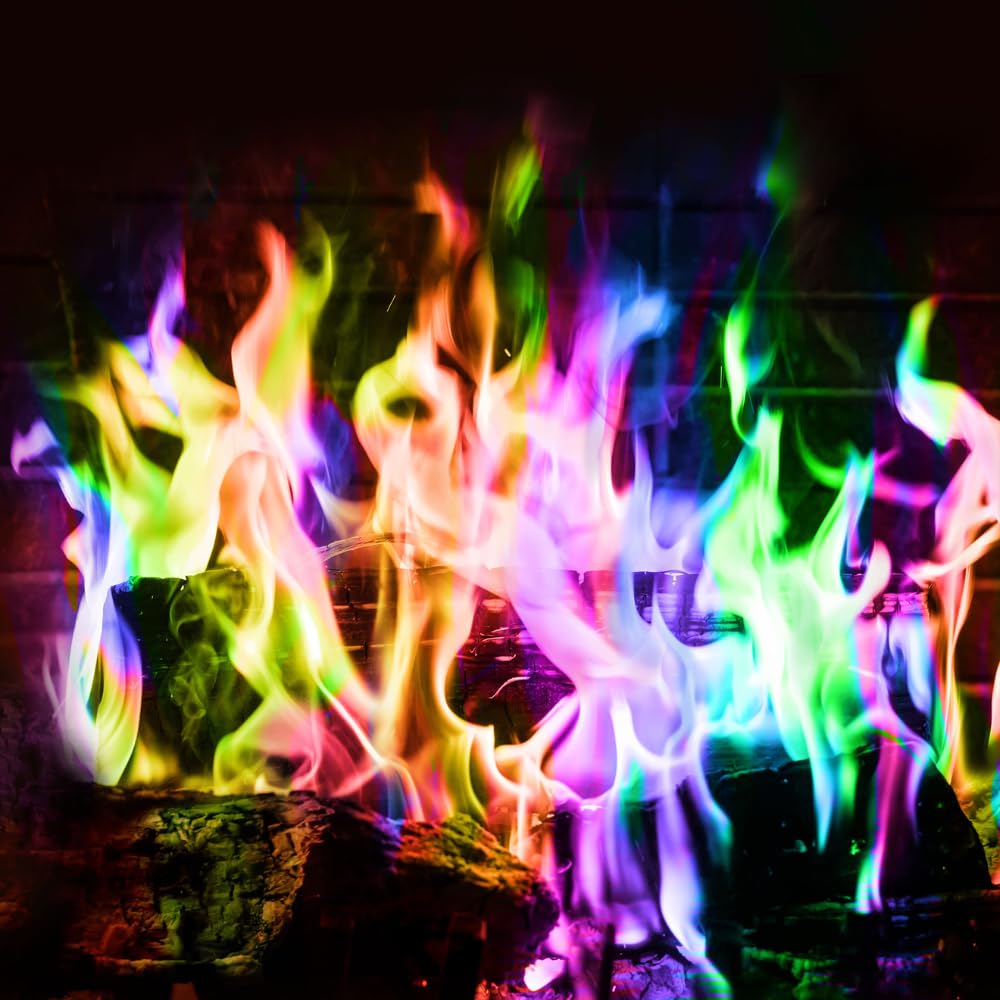 Gofire Color Flame Packets producing vivid colors in a fire pit.