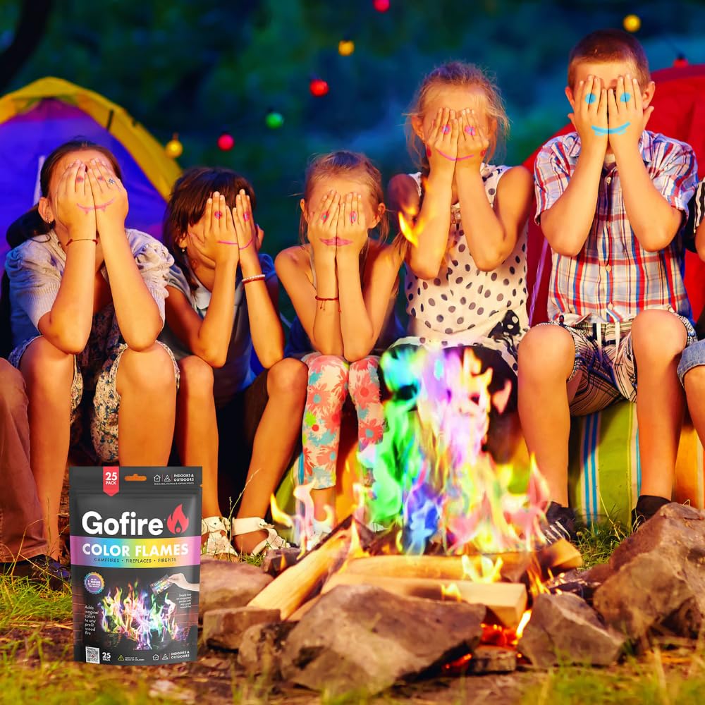 Gofire Color Flame Packets lighting indoor fireplace with colorful glow.