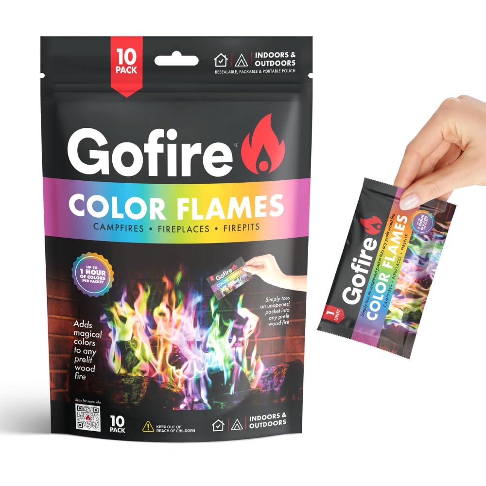 Gofire Color Flame Packets coloring an outdoor fire pit at night.