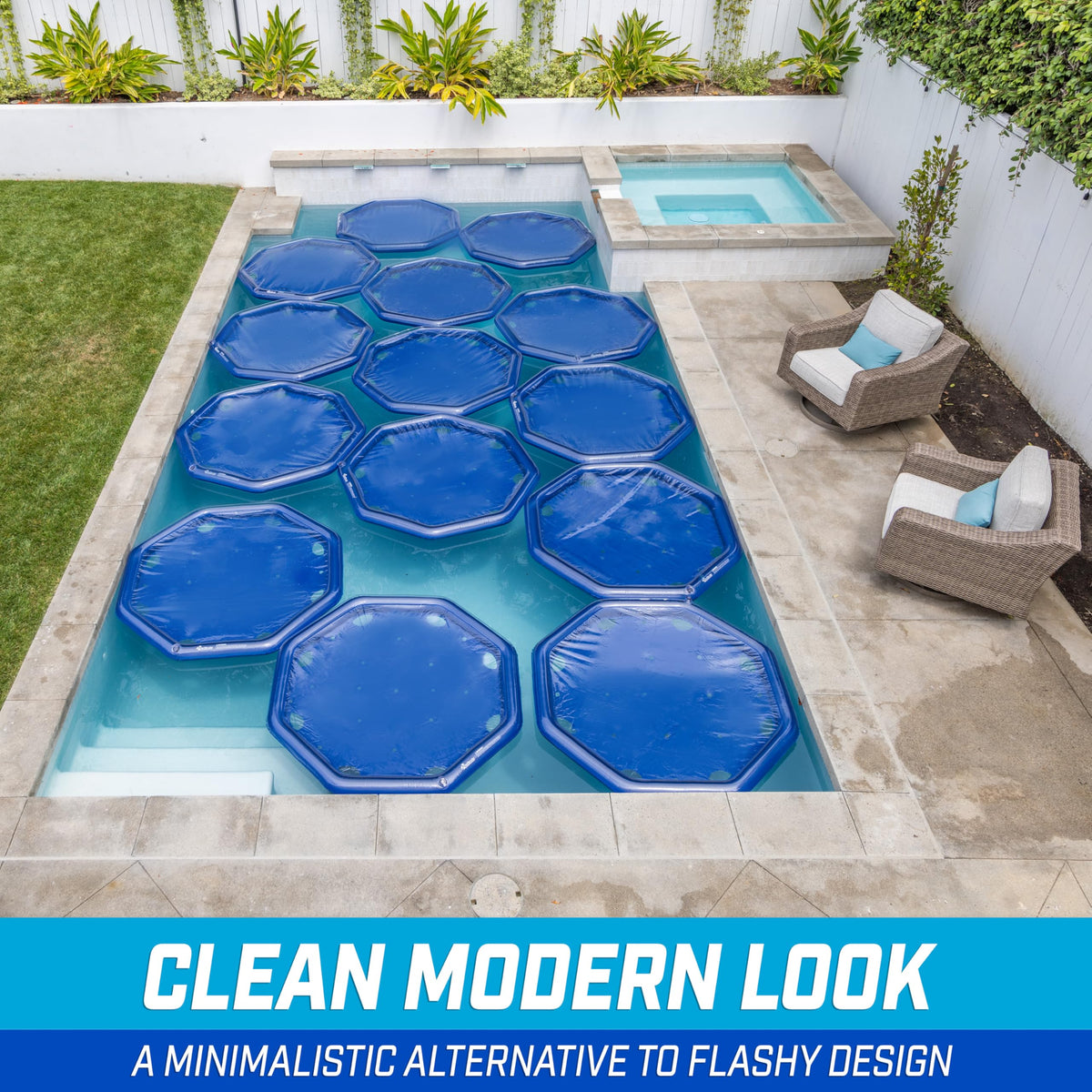GoFloats V2 modern blue aesthetic complements any backyard pool.
