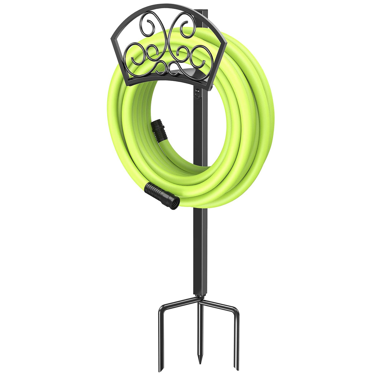 GOFORWILD garden hose holder front view shows a sturdy steel frame and base