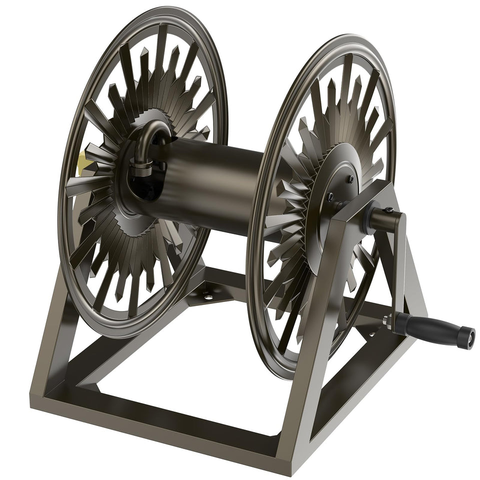 GOFORWILD heavy-duty hose reel mounted on wall for space-saving garden storage.