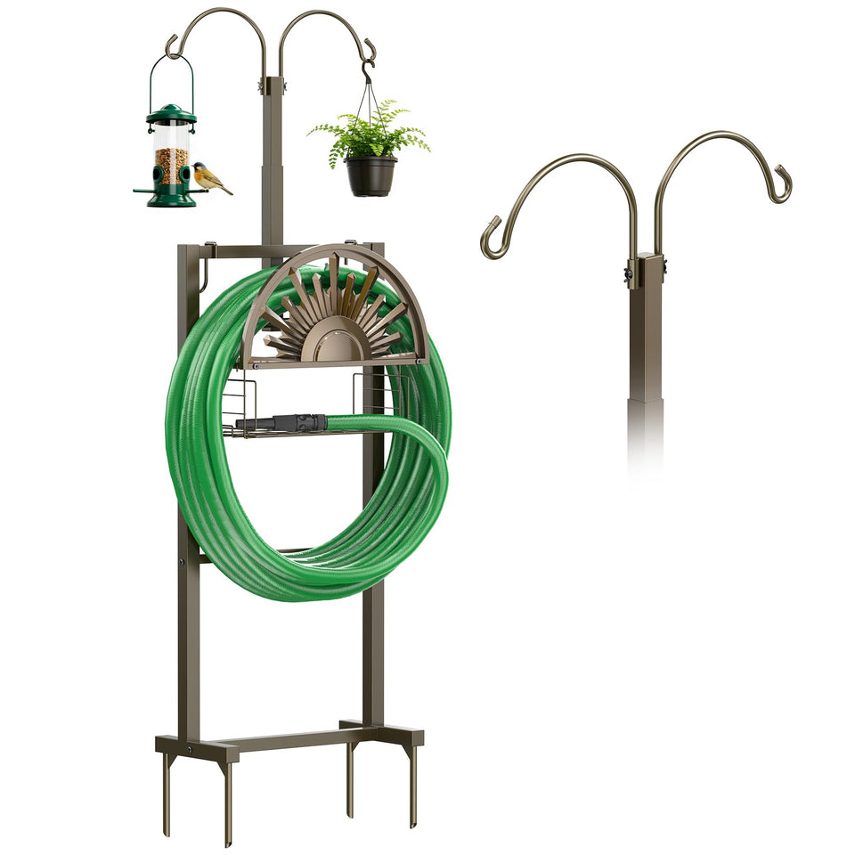 GOFORWILD hose reel with two hooks during assembly for quick setup.