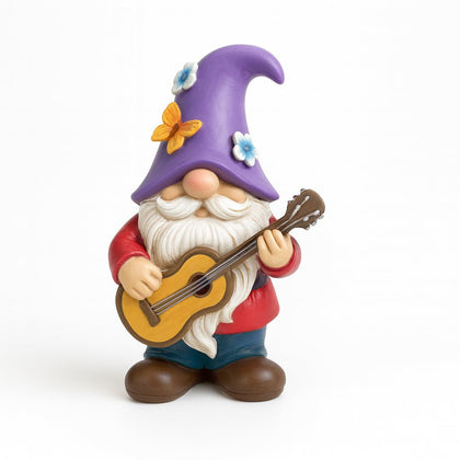 GoGnome musical gnome with guitar adds playful charm to a shelf.
