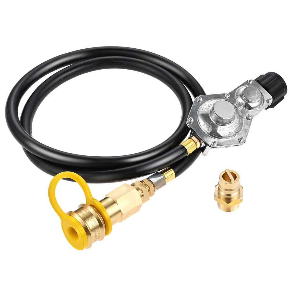Gohantee two-stage regulator with five-foot hose for steady gas flow during outdoor cooking.