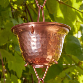 Gold & Garden copper rain chain with 16 hammered cups guiding rainwater gracefully.