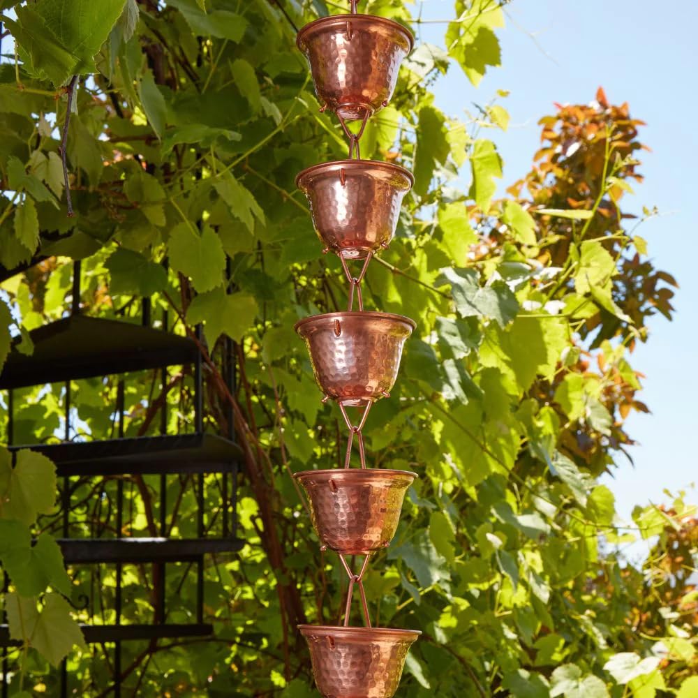 Gold & Garden copper rain chain close-up of hammered cups highlighting patina.