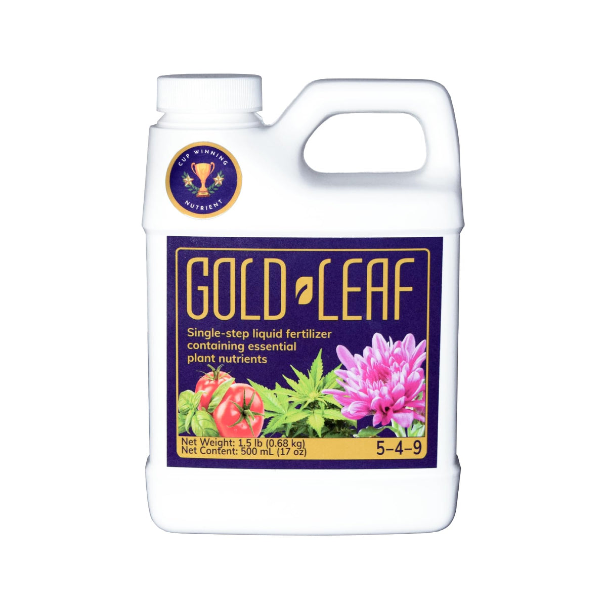 Gold Leaf all-in-one liquid fertilizer bottle for seed-to-harvest feeding.