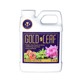 Gold Leaf all-in-one liquid fertilizer bottle for seed-to-harvest feeding.