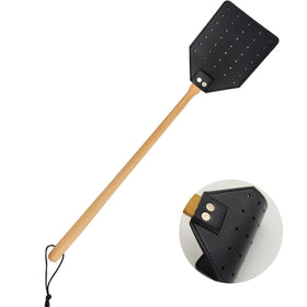 GoldenPlayer heavy-duty leather fly swatter with 19.7-inch wood handle for indoor and outdoor use.