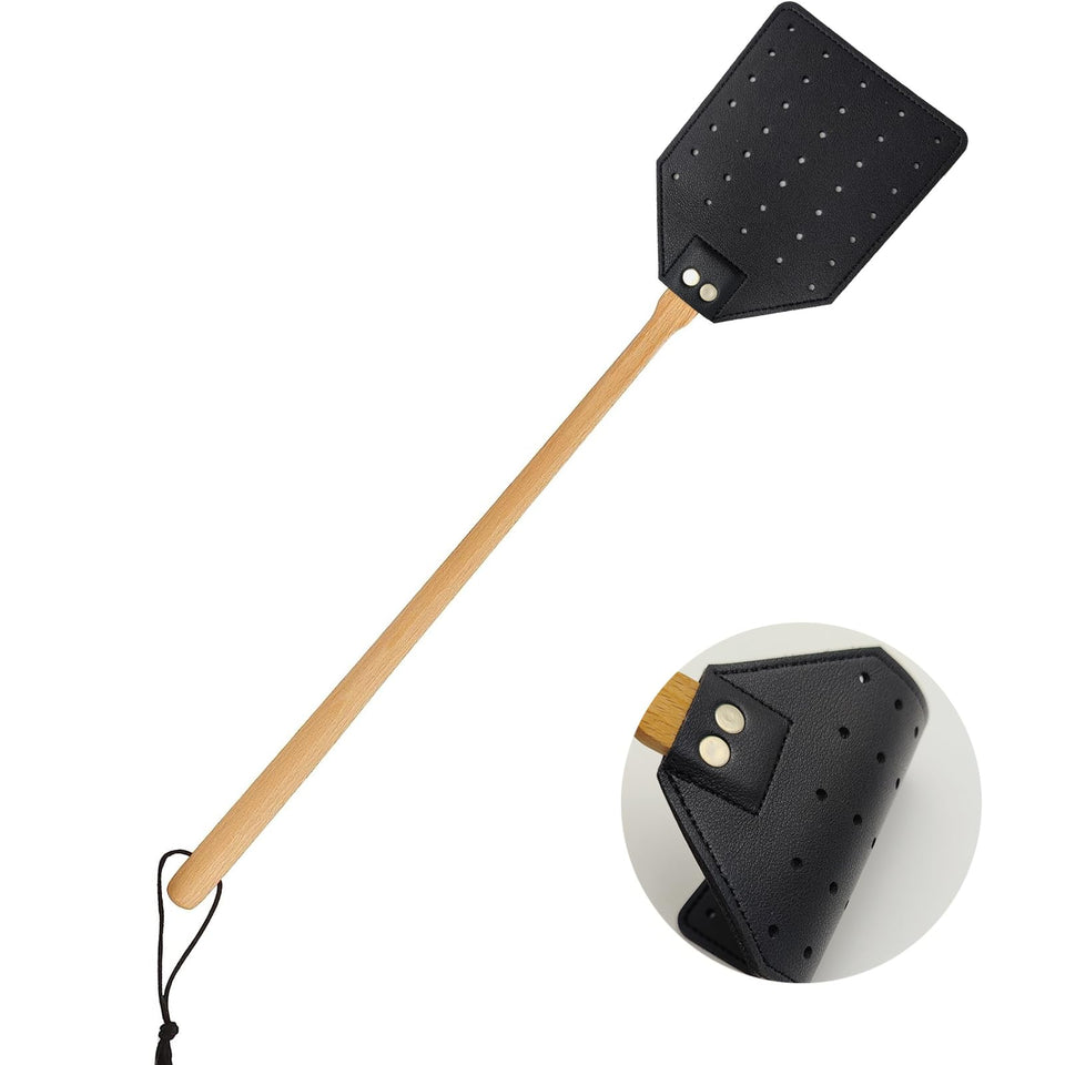 GoldenPlayer heavy-duty leather fly swatter with 19.7-inch wood handle for indoor and outdoor use.