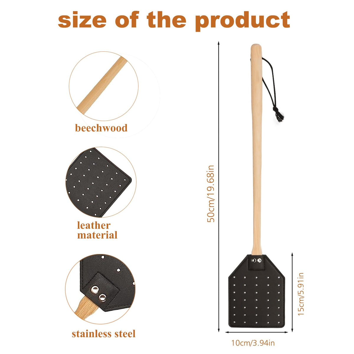 GoldenPlayer leather fly swatter head measures 5x4 inches for versatile swats.