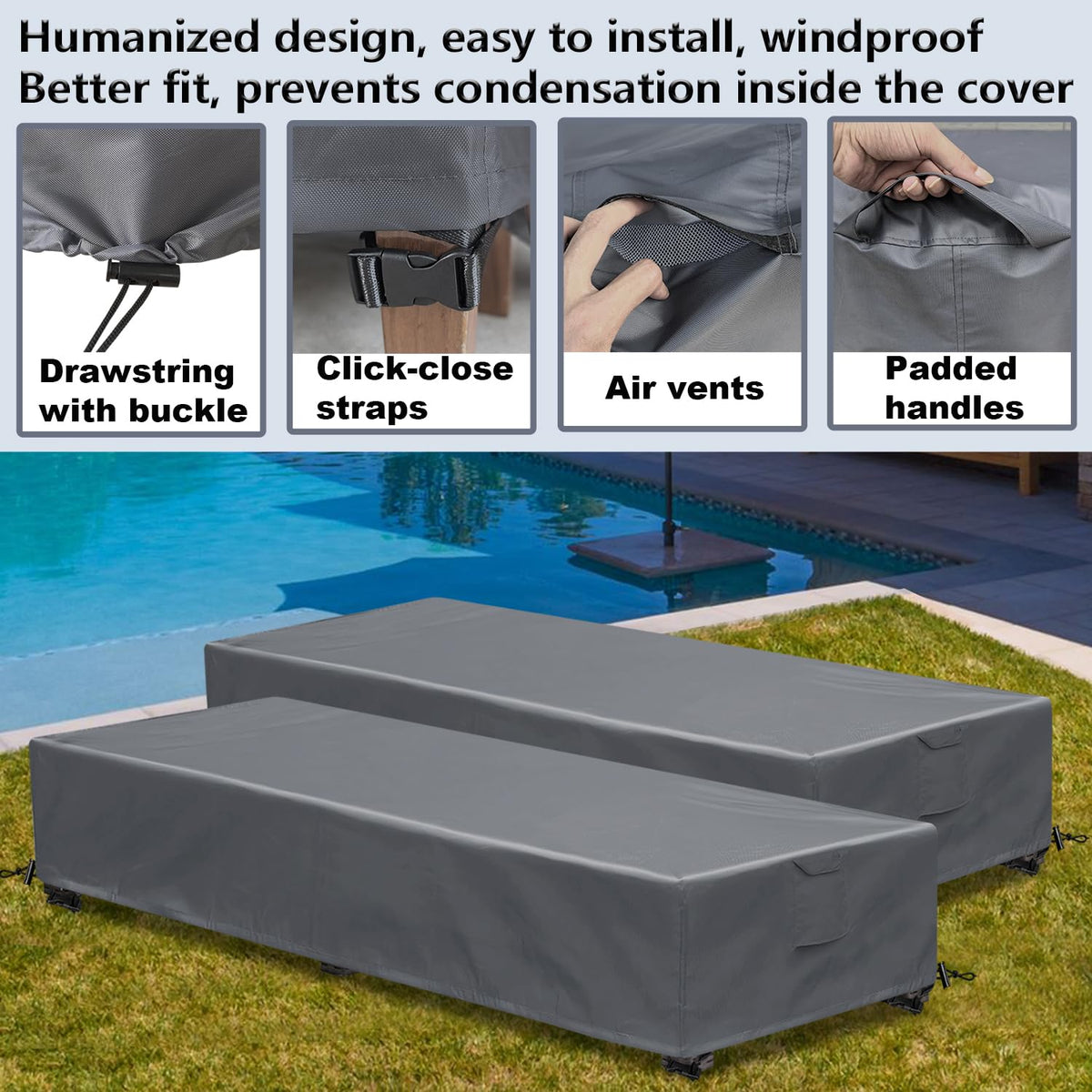 GoldenRaindrop lounge-cover with windproof straps securing chair on windy day