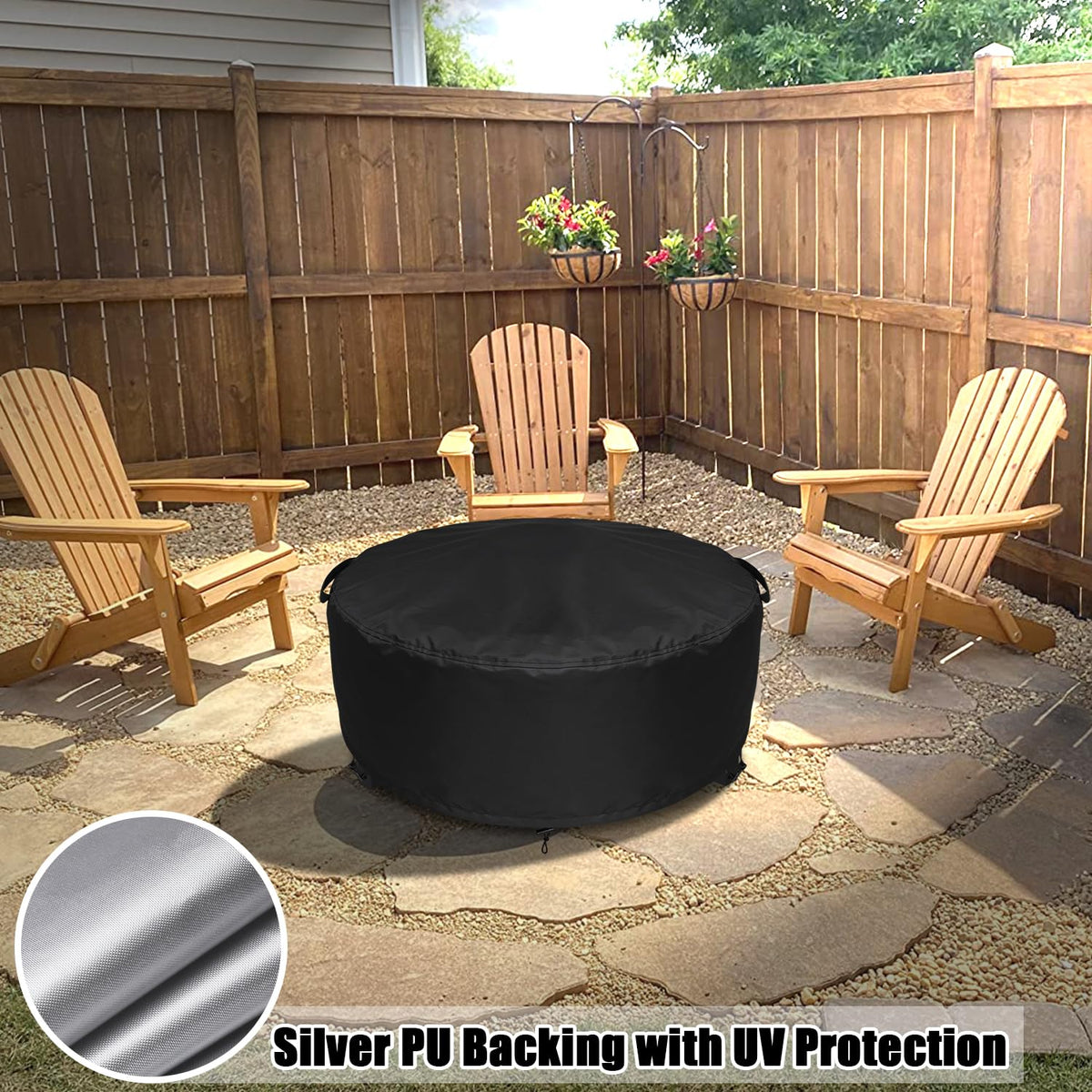 GoldenRaindrop protective cover keeps the fire pit surround clean and ready to use.