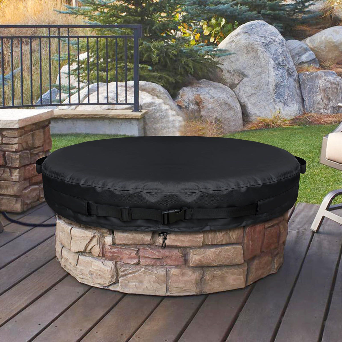 GoldenRaindrop round fire pit cover with windproof strap protecting built-in pits from gusts