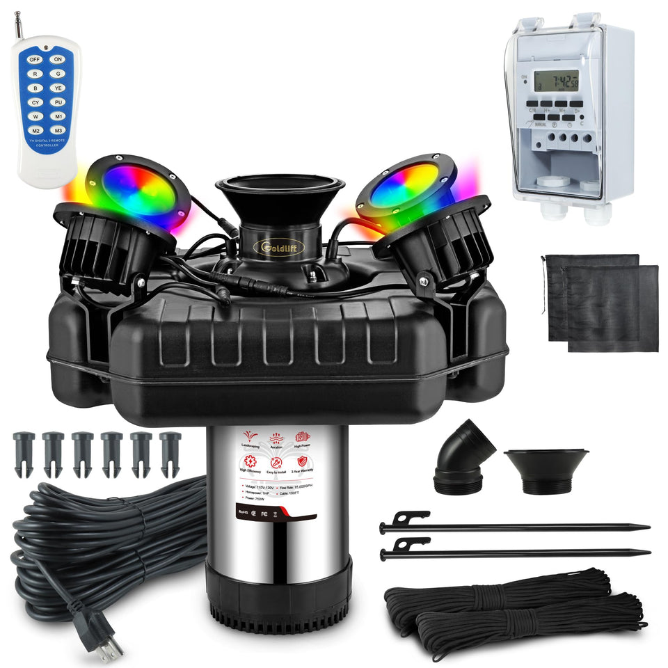 Goldlife F3 fountain aerator with V-shaped spray for dynamic water movement and aeration.