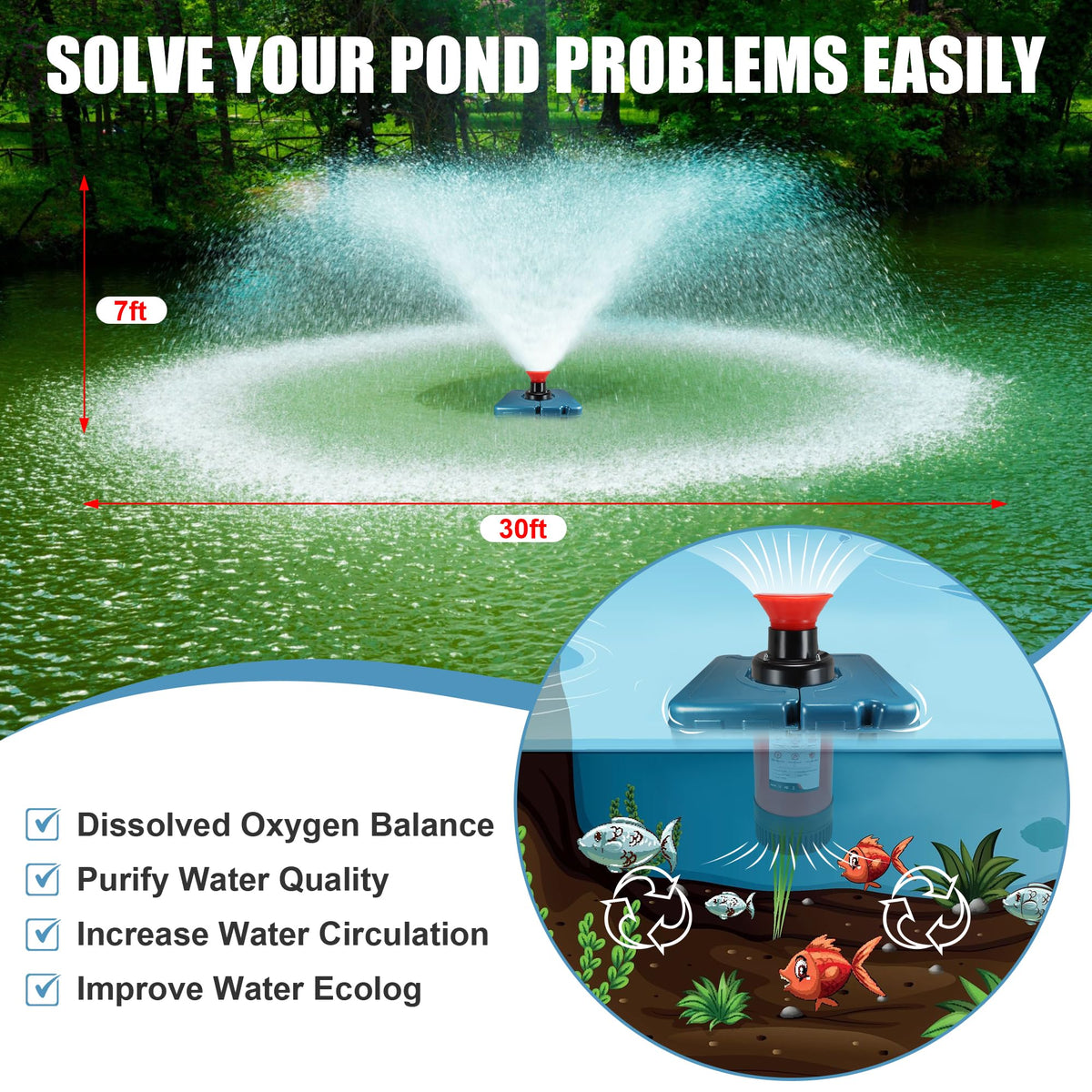 Goldlife pond fountain aerator showing dual nozzle heads for spray variations.