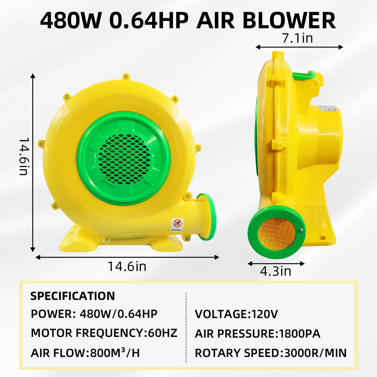 GONFLABLE air blower 480W motor detail shows high-power performance for fast inflation