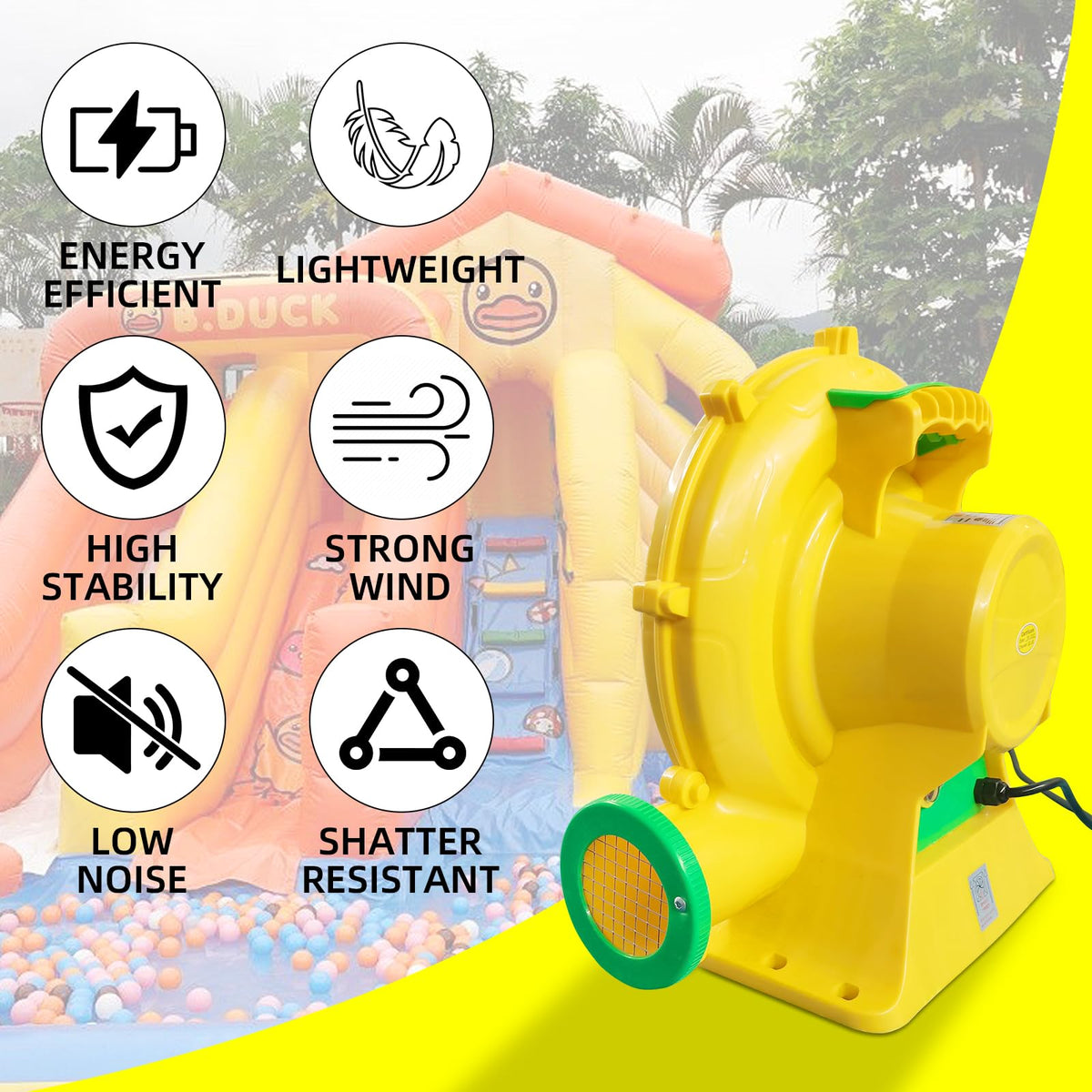 GONFLABLE portable blower with top handle for easy transport.